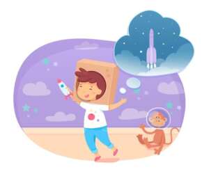happy boy playing dreaming being astronaut smiling cute funny child wearing cardboard box head holding toy rocket spaceship dream bubble 575670 1635