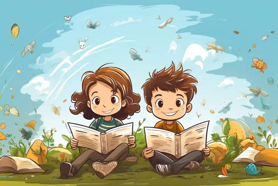 cartoon illustration two kids reading books park 889056 171607