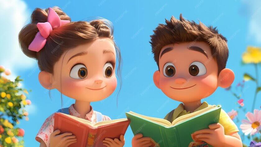 cartoon boy girl are reading book 1308172 209311